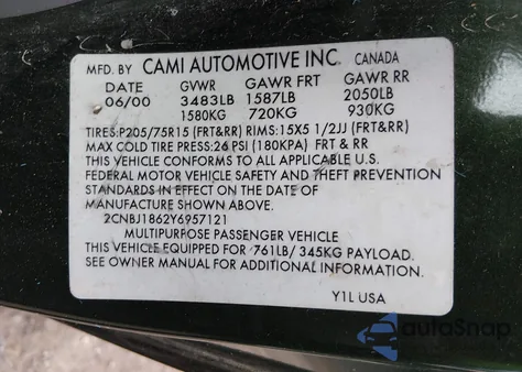 2000 Chevrolet Tracker z USA, uszkodzony, nr VIN 2CNBJ1862Y6957121